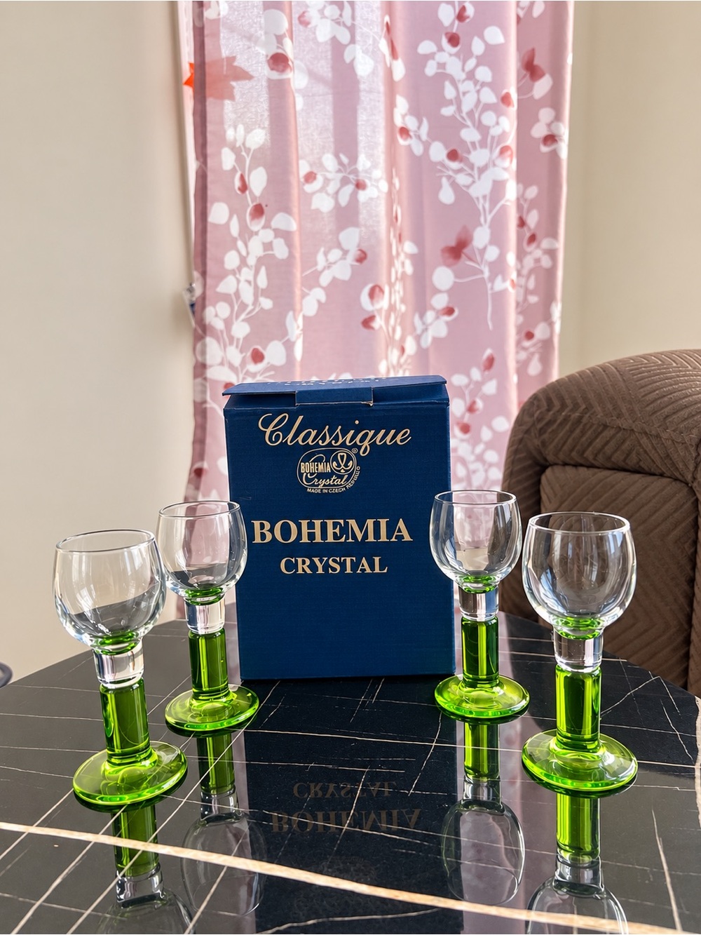 Bohemia Crystal Classique Green Liqueur Glasses Set of 4 – New in Box